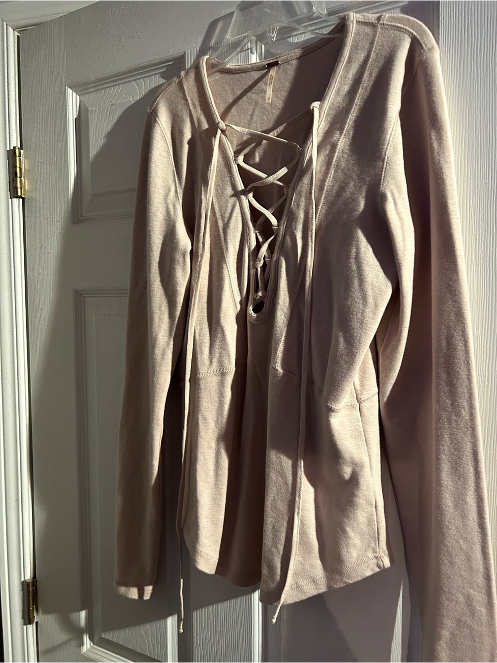 Free People Lace-Up Long Sleeve Top in Light Beige